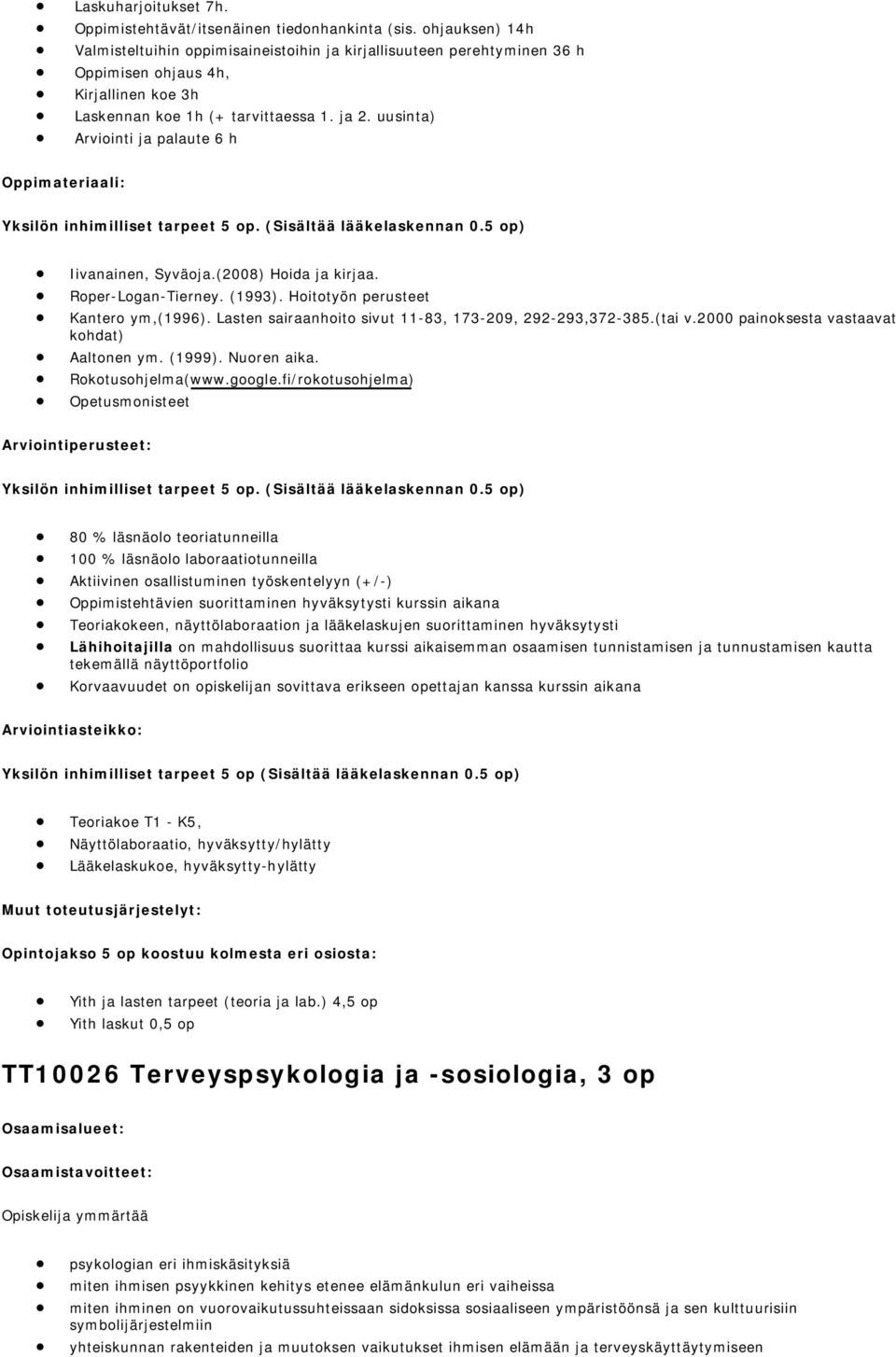 uusinta) Arviointi ja palaute 6 h Oppimateriaali: Yksilön inhimilliset tarpeet 5 op. (Sisältää lääkelaskennan 0.5 op) Iivanainen, Syväoja.(2008) Hoida ja kirjaa. Roper-Logan-Tierney. (1993).