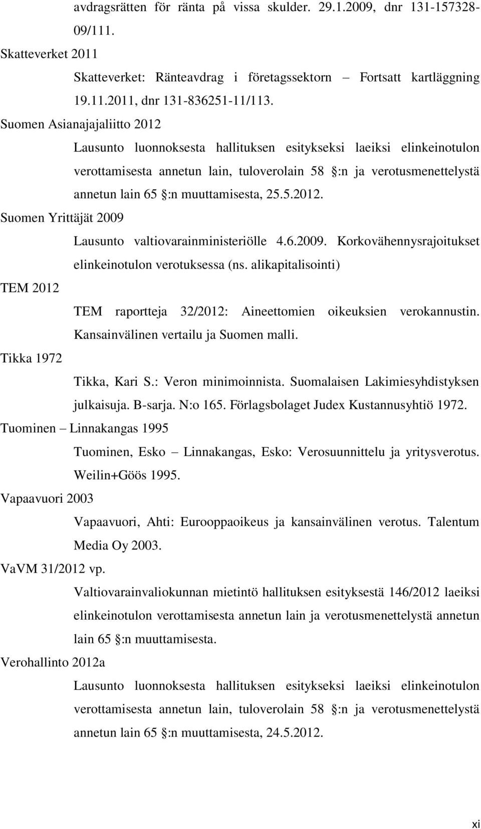 muuttamisesta, 25.5.2012. Suomen Yrittäjät 2009 Lausunto valtiovarainministeriölle 4.6.2009. Korkovähennysrajoitukset elinkeinotulon verotuksessa (ns.