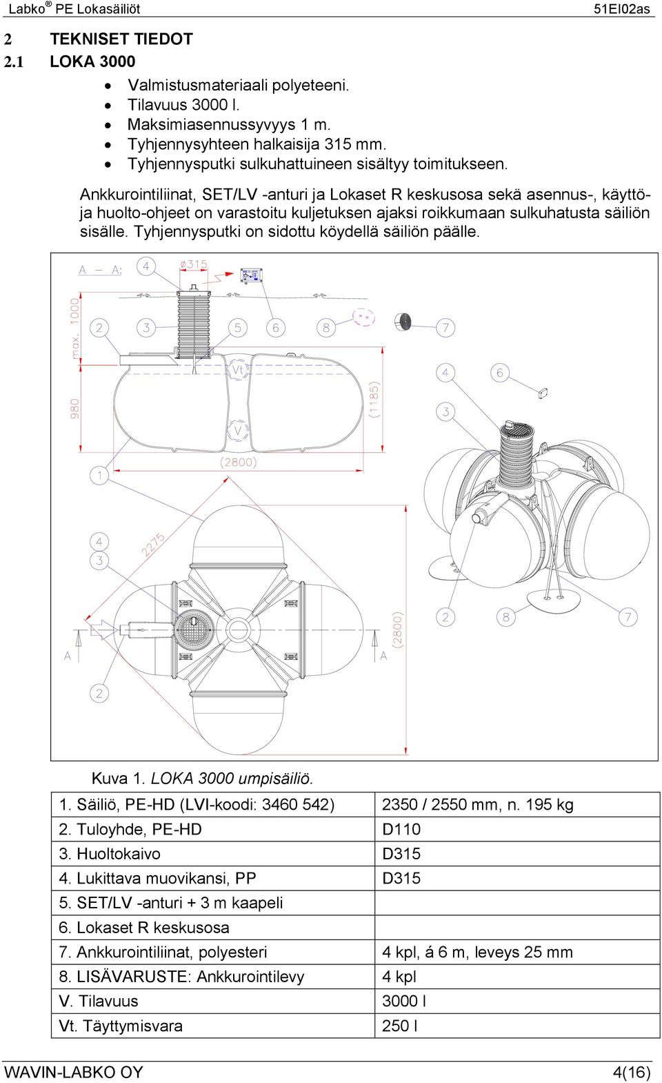 Tyhjennysputki on sidottu köydellä säiliön päälle. Kuva 1. LOKA 3000 umpisäiliö. 1. Säiliö, PE-HD (LVI-koodi: 3460 542) 2350 / 2550 mm, n. 195 kg 2. Tuloyhde, PE-HD D110 3. Huoltokaivo D315 4.