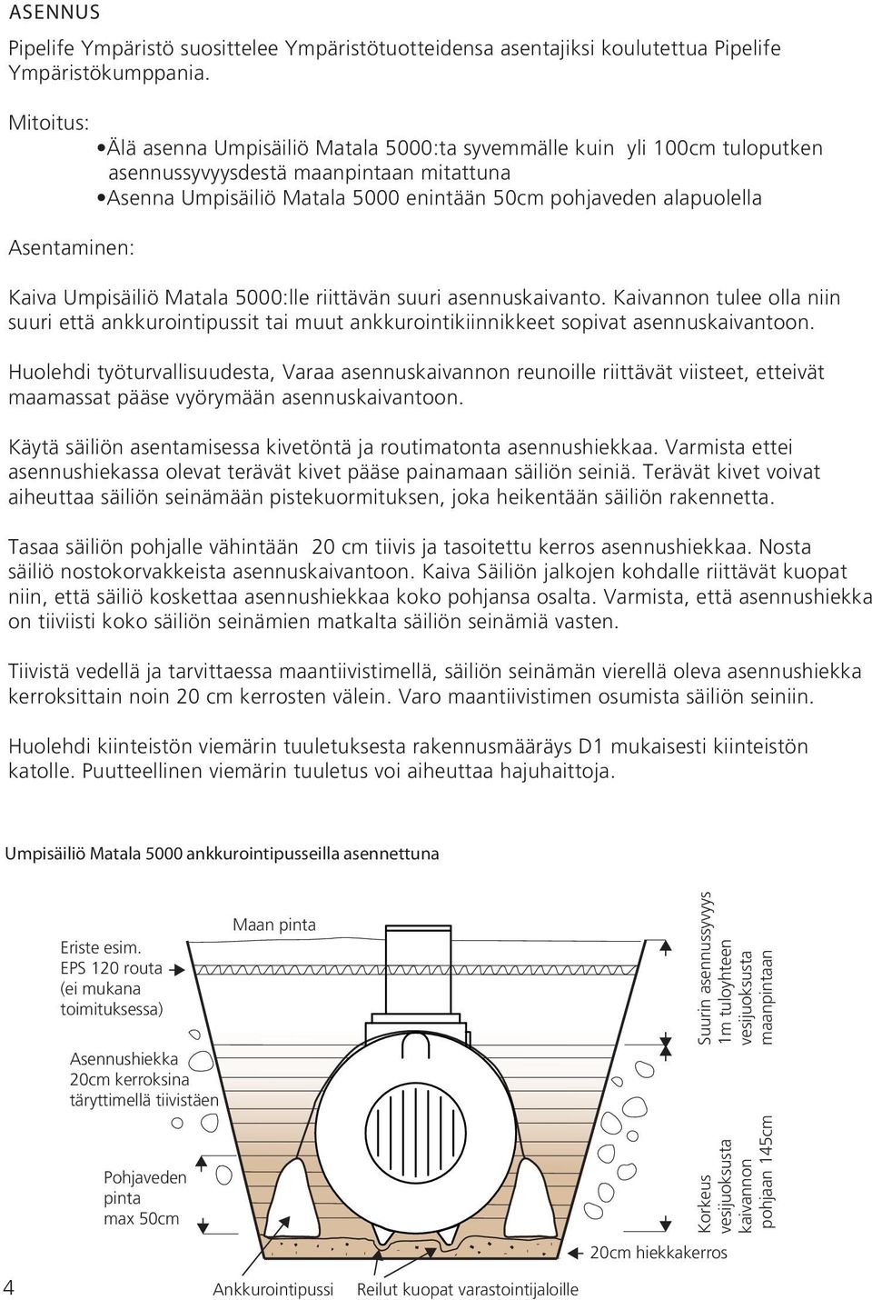 alapuolella Kaiva Umpisäiliö Matala 5000:lle riittävän suuri asennuskaivanto. Kaivannon tulee olla niin suuri että ankkurointipussit tai muut ankkurointikiinnikkeet sopivat asennuskaivantoon.