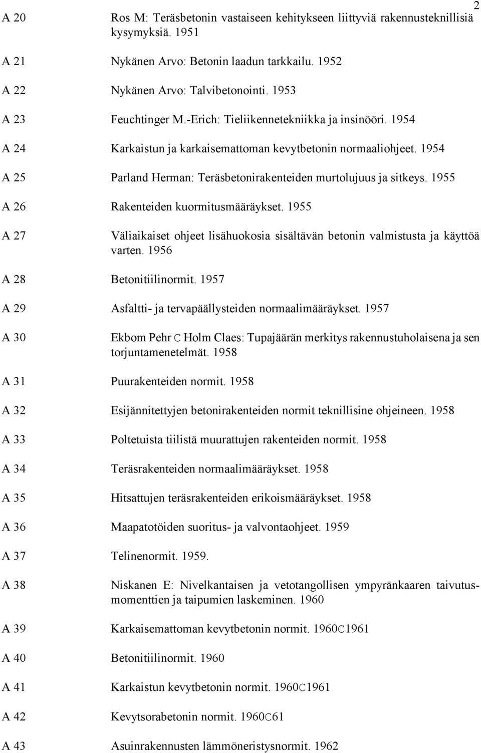 1954 A 25 Parland Herman: Teräsbetonirakenteiden murtolujuus ja sitkeys. 1955 A 26 Rakenteiden kuormitusmääräykset.