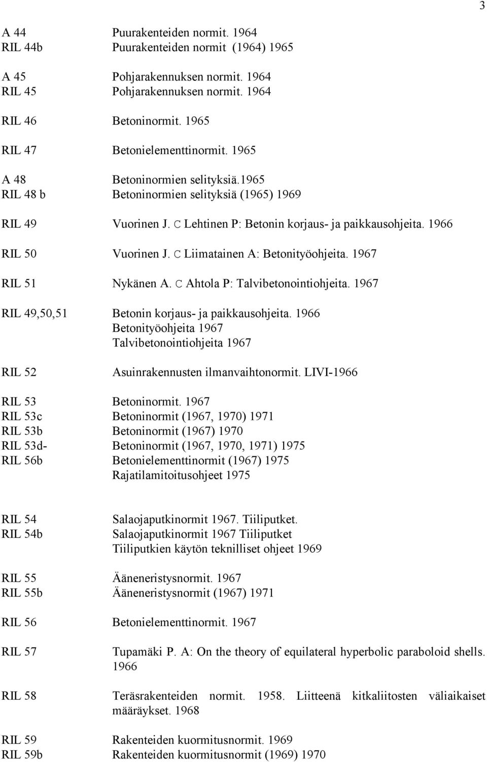 1966 RIL 50 Vuorinen J. C Liimatainen A: Betonityöohjeita. 1967 RIL 51 Nykänen A. C Ahtola P: Talvibetonointiohjeita. 1967 RIL 49,50,51 Betonin korjaus- ja paikkausohjeita.