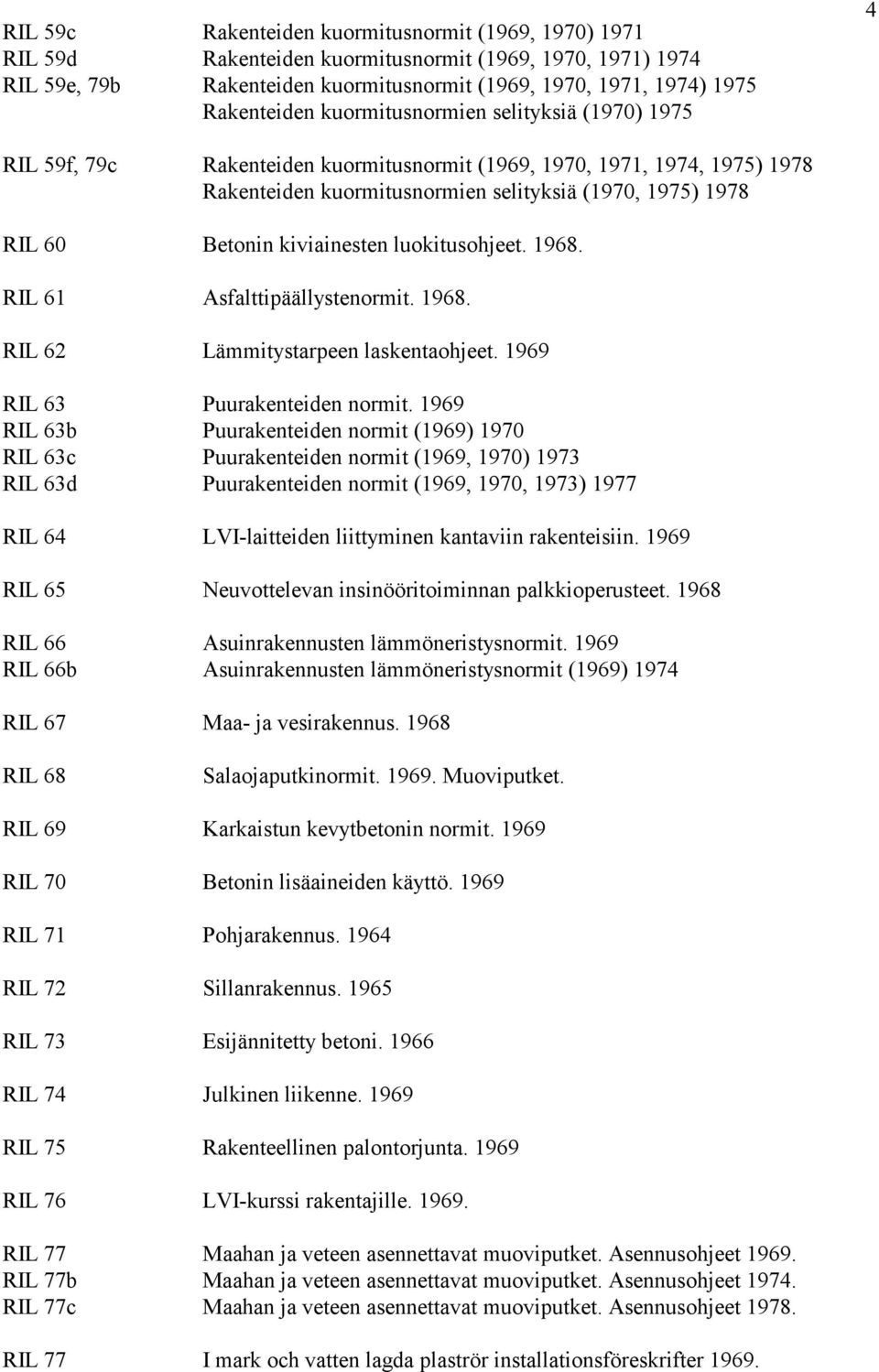 kiviainesten luokitusohjeet. 1968. RIL 61 Asfalttipäällystenormit. 1968. RIL 62 Lämmitystarpeen laskentaohjeet. 1969 RIL 63 Puurakenteiden normit.