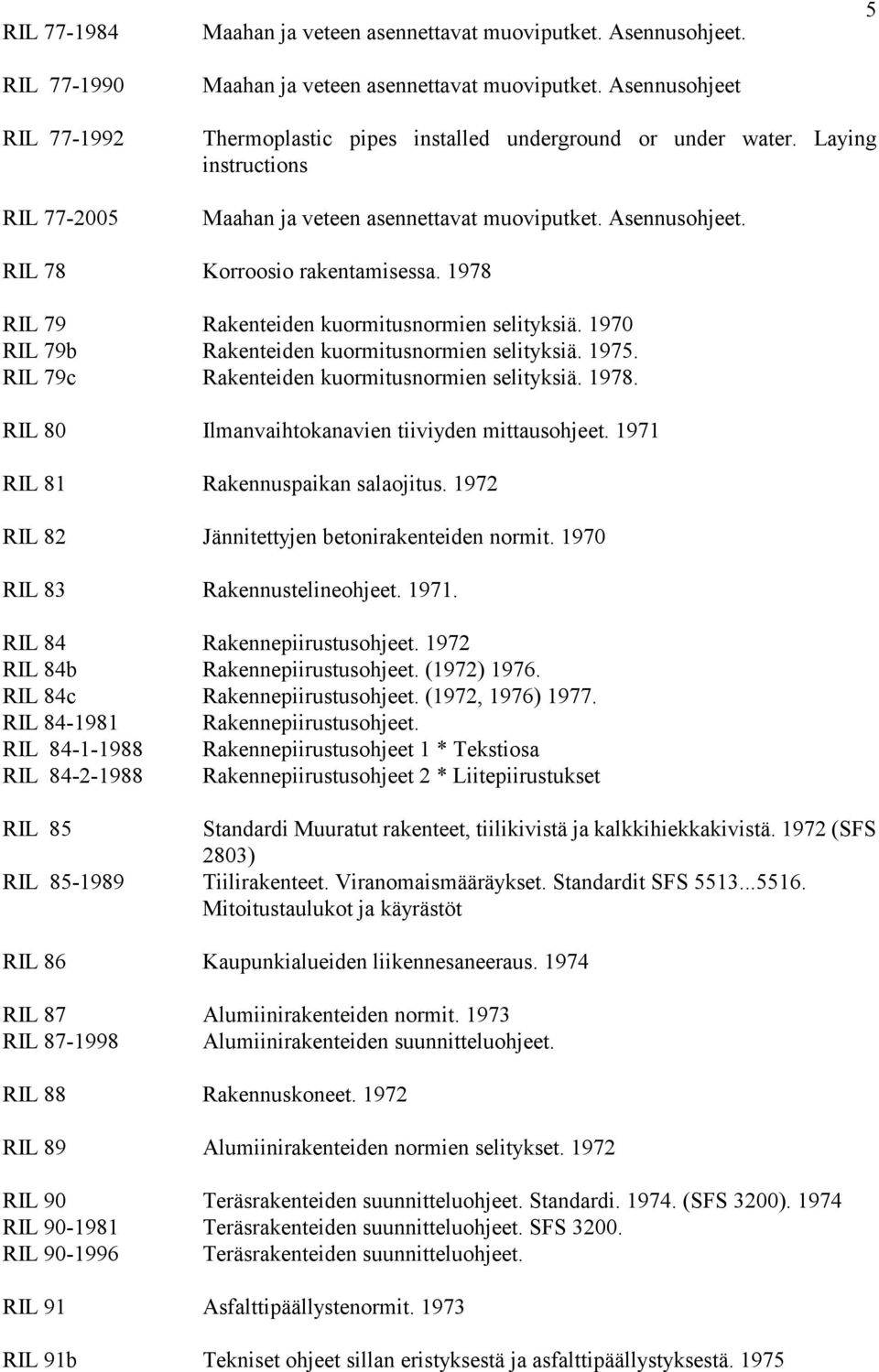 1970 RIL 79b Rakenteiden kuormitusnormien selityksiä. 1975. RIL 79c Rakenteiden kuormitusnormien selityksiä. 1978. RIL 80 Ilmanvaihtokanavien tiiviyden mittausohjeet.