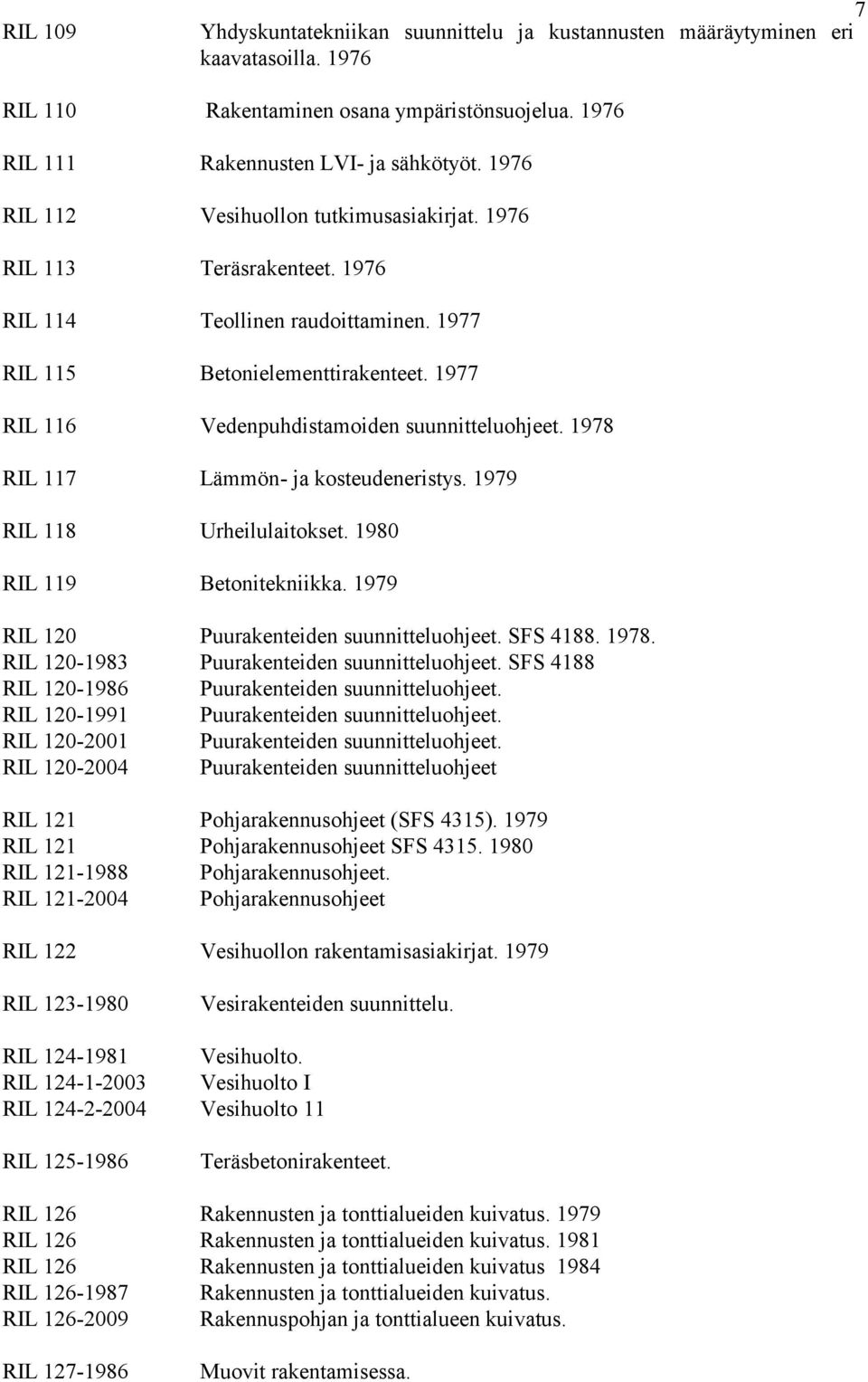 1977 RIL 116 Vedenpuhdistamoiden suunnitteluohjeet. 1978 RIL 117 Lämmön- ja kosteudeneristys. 1979 RIL 118 Urheilulaitokset. 1980 RIL 119 Betonitekniikka.