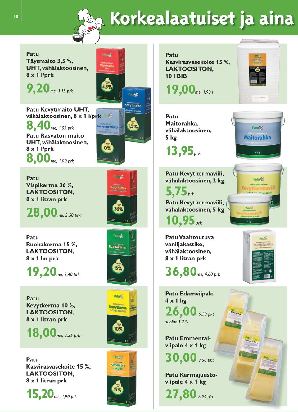2,25 prk Kasvirasvasekoite 15 %, LAKTOOSITON, 8 x 1 litran prk 15,20, 1,90 prk Kasvirasvasekoite 15 %, LAKTOOSITON, 10 l BIB 19,00, 1,90 l Maitorahka, vähälaktoosinen, 5 kg 13,95prk Kevytkermaviili,