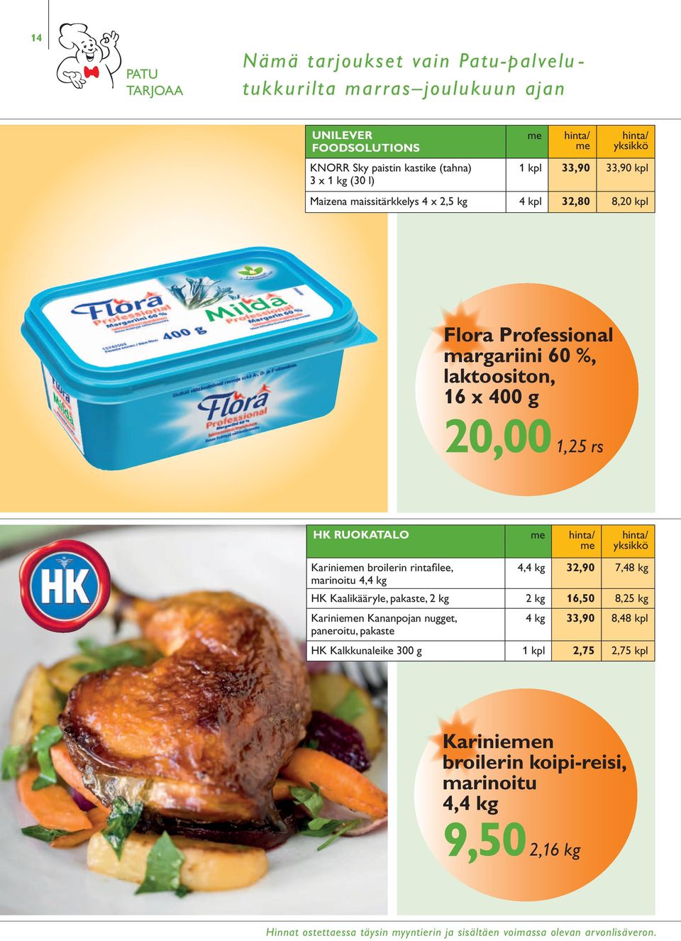 rintafilee, 4,4 kg 32,90 7,48 kg marinoitu 4,4 kg HK Kaalikääryle, pakaste, 2 kg 2 kg 16,50 8,25 kg Karinien Kananpojan nugget, paneroitu, pakaste 4 kg 33,90 8,48 kpl HK