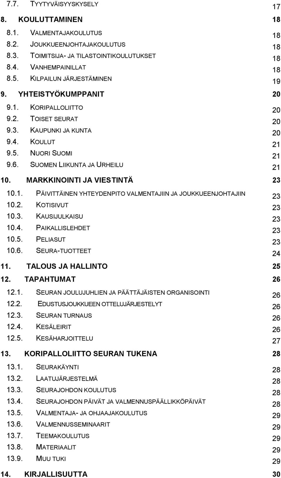 MARKKINOINTI JA VIESTINTÄ 23 10.1. PÄIVITTÄINEN YHTEYDENPITO VALMENTAJIIN JA JOUKKUEENJOHTAJIIN 23 10.2. KOTISIVUT 23 10.3. KAUSIJULKAISU 23 10.4. PAIKALLISLEHDET 23 10.5. PELIASUT 23 10.6.