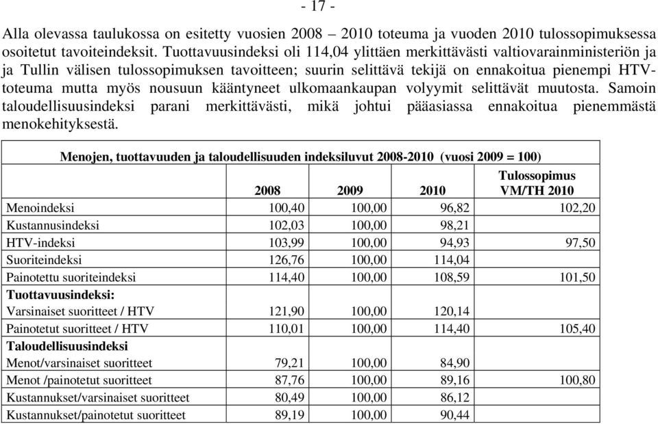 nousuun kääntyneet ulkomaankaupan volyymit selittävät muutosta. Samoin taloudellisuusindeksi parani merkittävästi, mikä johtui pääasiassa ennakoitua pienemmästä menokehityksestä.