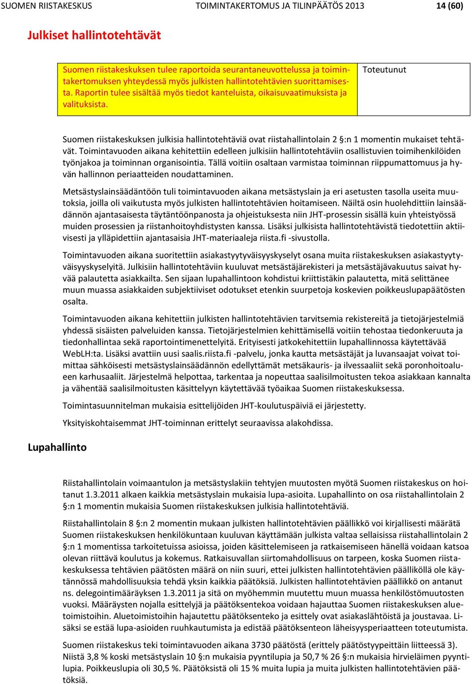 Toteutunut Lupahallinto Suomen riistakeskuksen julkisia hallintotehtäviä ovat riistahallintolain 2 :n 1 momentin mukaiset tehtävät.