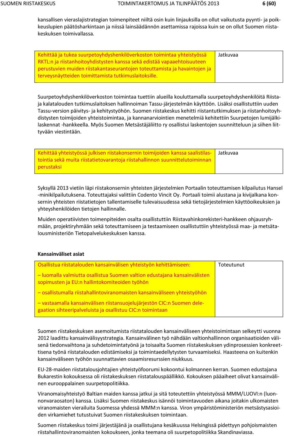 Kehittää ja tukea suurpetoyhdyshenkilöverkoston toimintaa yhteistyössä RKTL:n ja riistanhoitoyhdistysten kanssa sekä edistää vapaaehtoisuuteen perustuvien muiden riistakantaseurantojen toteuttamista