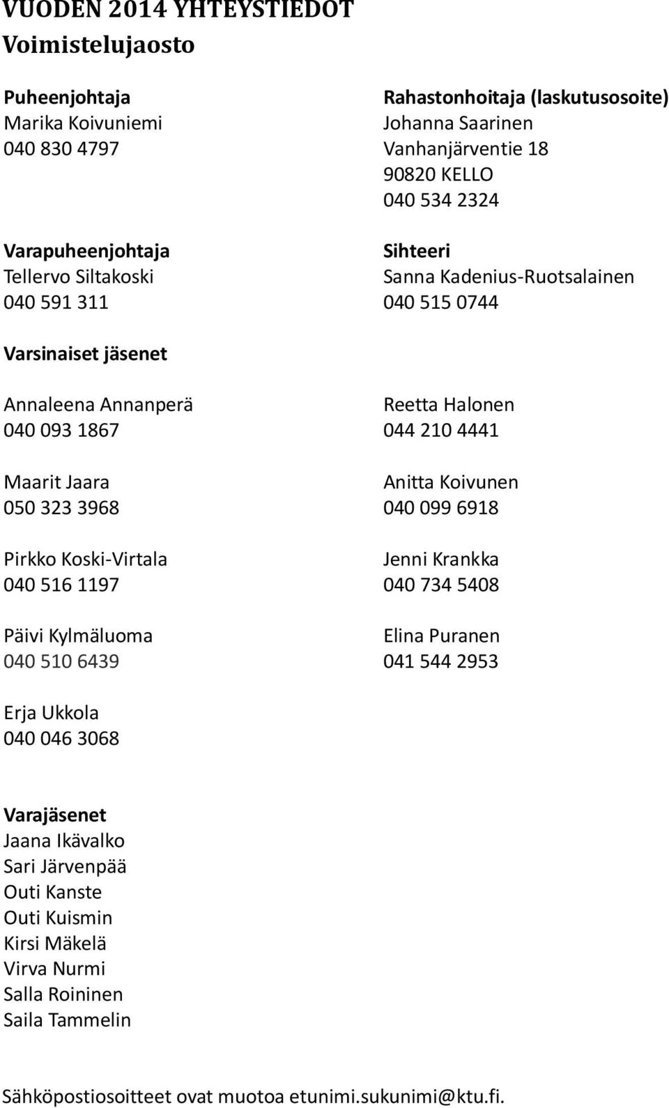 Pirkko Koski-Virtala 040 516 1197 Päivi Kylmäluoma 040 510 6439 Reetta Halonen 044 210 4441 Anitta Koivunen 040 099 6918 Jenni Krankka 040 734 5408 Elina Puranen 041 544 2953 Erja