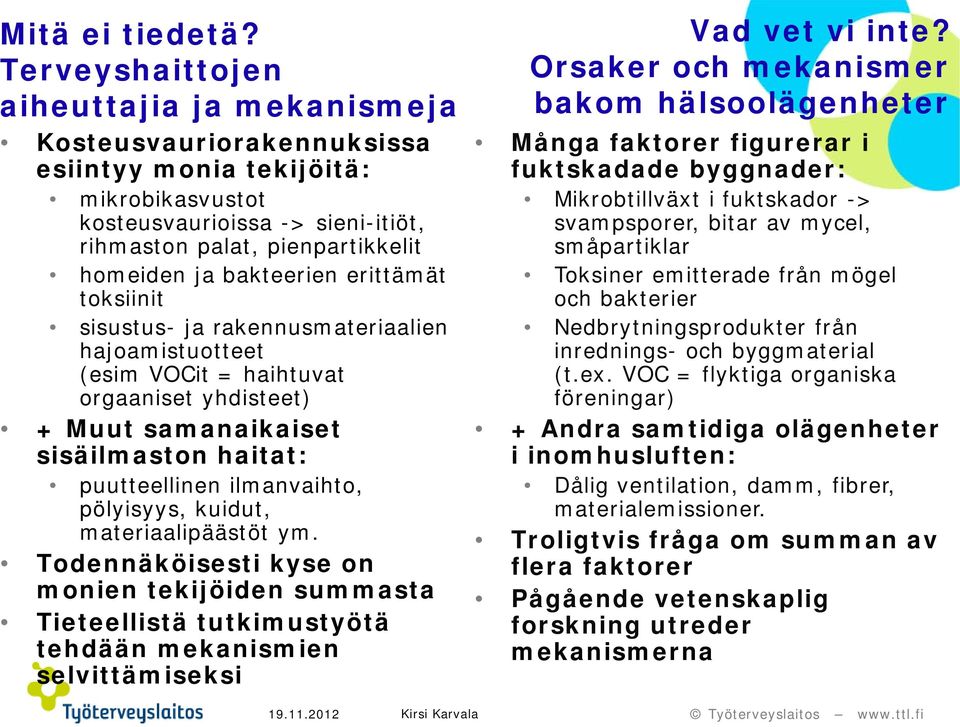 bakteerien erittämät toksiinit sisustus- ja rakennusmateriaalien hajoamistuotteet (esim VOCit = haihtuvat orgaaniset yhdisteet) + Muut samanaikaiset sisäilmaston haitat: puutteellinen ilmanvaihto,