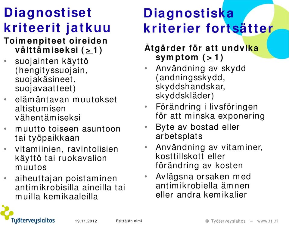 kemikaaleilla Diagnostiska kriterier fortsätter Åtgärder för att undvika symptom (>1) Användning av skydd (andningsskydd, skyddshandskar, skyddskläder) Förändring i livsföringen