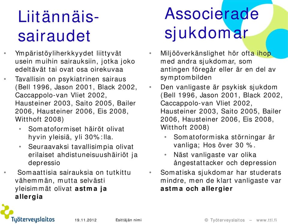 Seuraavaksi tavallisimpia olivat erilaiset ahdistuneisuushäiriöt ja depressio Somaattisia sairauksia on tutkittu vähemmän, mutta selvästi yleisimmät olivat astma ja allergia Associerade sjukdomar