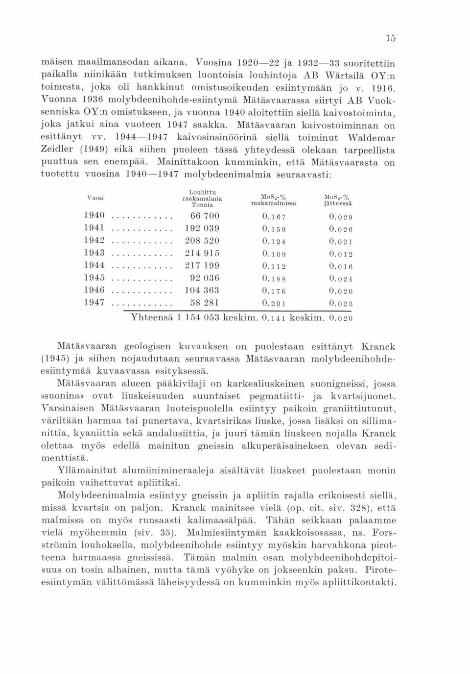 Vuonna 1936 molybdeenihohde-esiintymä Mätäsvaarassa siirtyi AB Vuoksenniska Oy:n omistukseen, ja vuonna 1940 aloitettiin siella kaivostoiminta, joka jatkui aina vuoteen 1947 saakka.