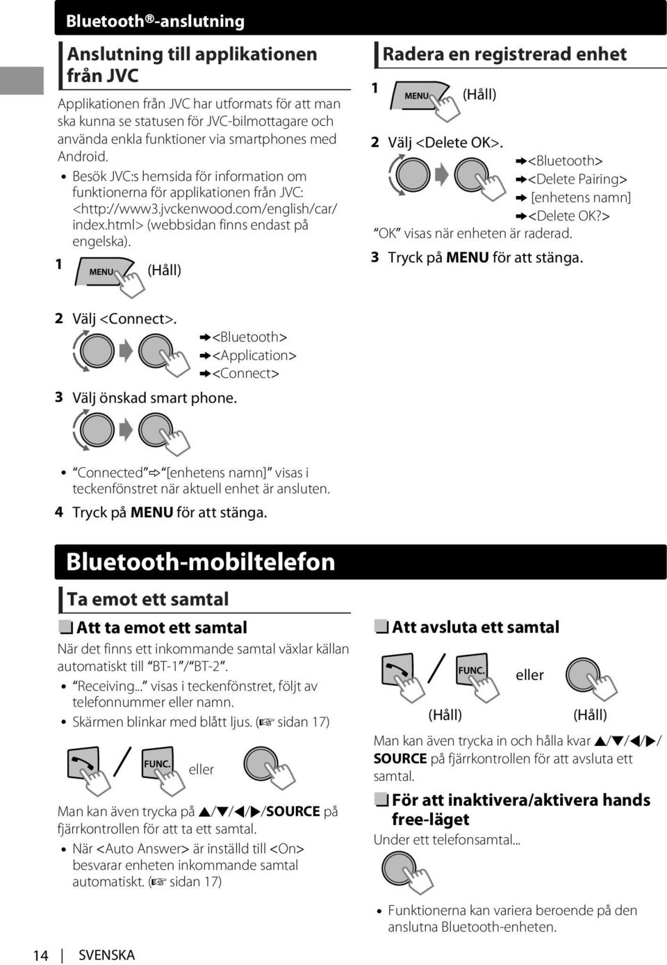 (Håll) Radera en registrerad enhet (Håll) 2 Välj <Delete OK>. <Bluetooth> <Delete Pairing> [enhetens namn] <Delete OK?> OK visas när enheten är raderad. 3 Tryck på MENU för att stänga.