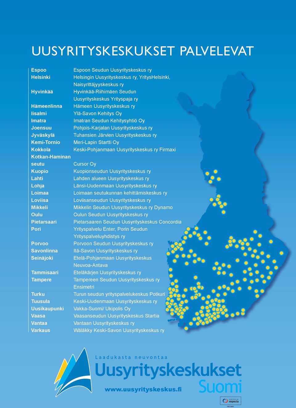 ry Hyvinkää-Riihimäen Seudun Uusyrityskeskus Yrityspaja ry Hämeen Uusyrityskeskus ry Ylä-Savon Kehitys Oy Imatran Seudun Kehitysyhtiö Oy Pohjois-Karjalan Uusyrityskeskus ry Tuhansien Järvien