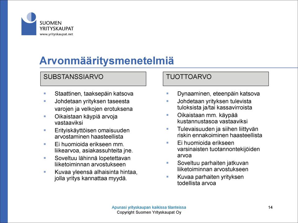 Soveltuu lähinnä lopetettavan liiketoiminnan arvostukseen Kuvaa yleensä alhaisinta hintaa, jolla yritys kannattaa myydä.