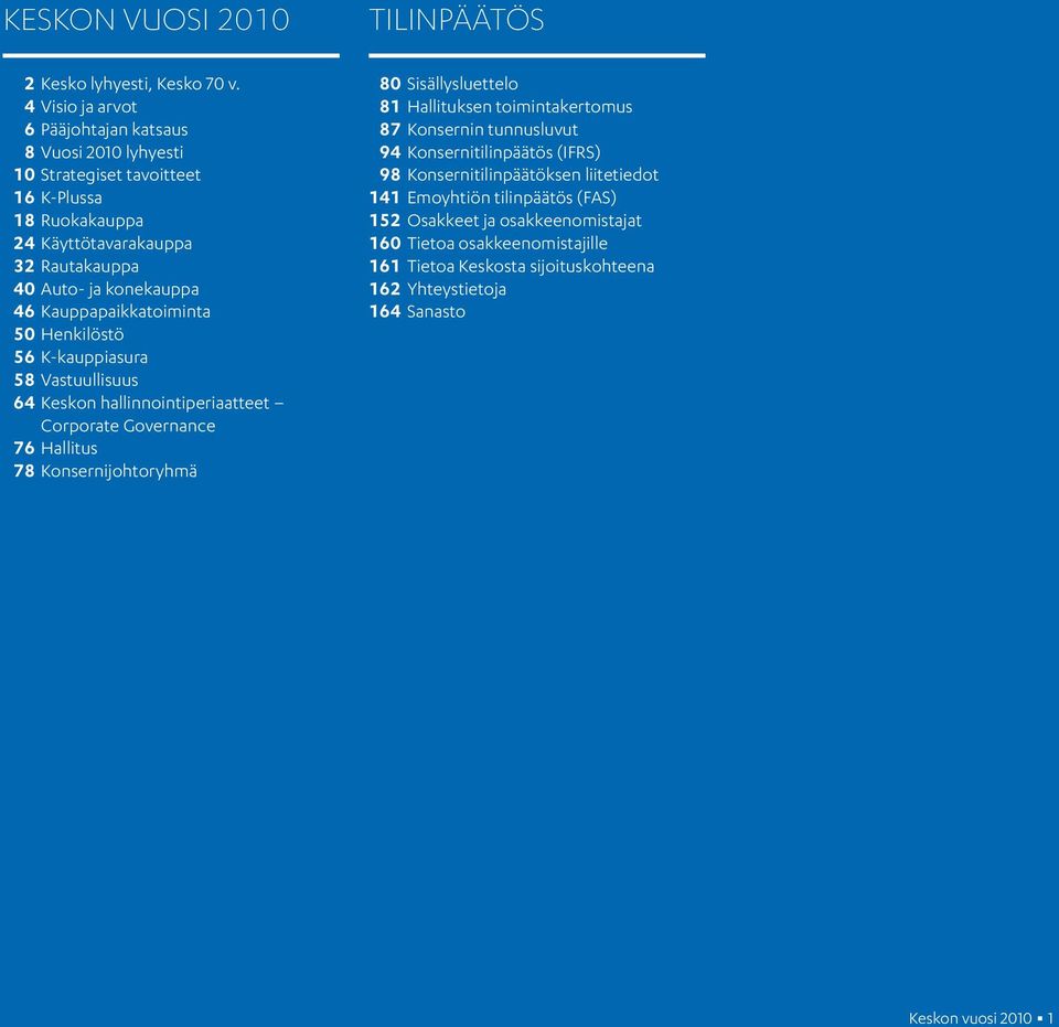 Kauppapaikkatoiminta 50 Henkilöstö 56 K-kauppiasura 58 Vastuullisuus 64 Keskon hallinnointiperiaatteet Corporate Governance 76 Hallitus 78 Konsernijohtoryhmä Tilinpäätös 80