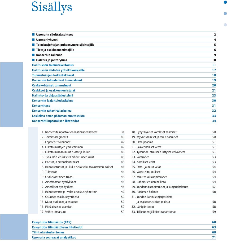 Hallinto- ja ohjausjärjestelmä 23 Konsernin laaja tuloslaskelma 30 Konsernitase 31 Konsernin rahavirtalaskelma 32 Laskelma oman pääoman muutoksista 33 Konsernitilinpäätöksen liitetiedot 34 1.