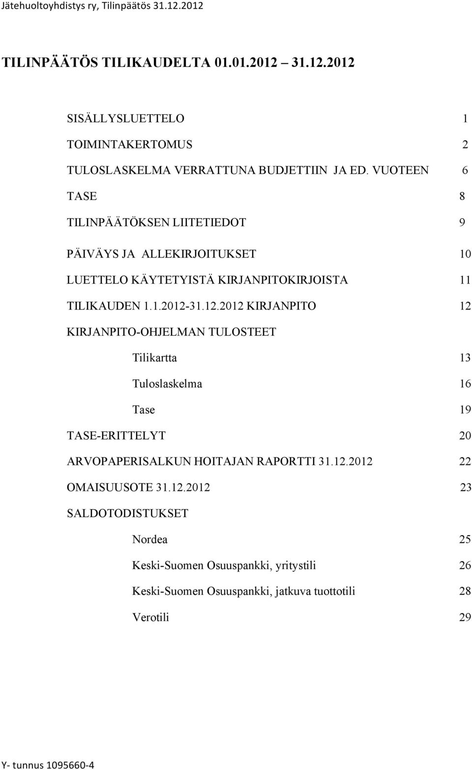 12.2012 KIRJANPITO 12 KIRJANPITO-OHJELMAN TULOSTEET Tilikartta 13 Tuloslaskelma 16 Tase 19 TASE-ERITTELYT 20 ARVOPAPERISALKUN HOITAJAN RAPORTTI