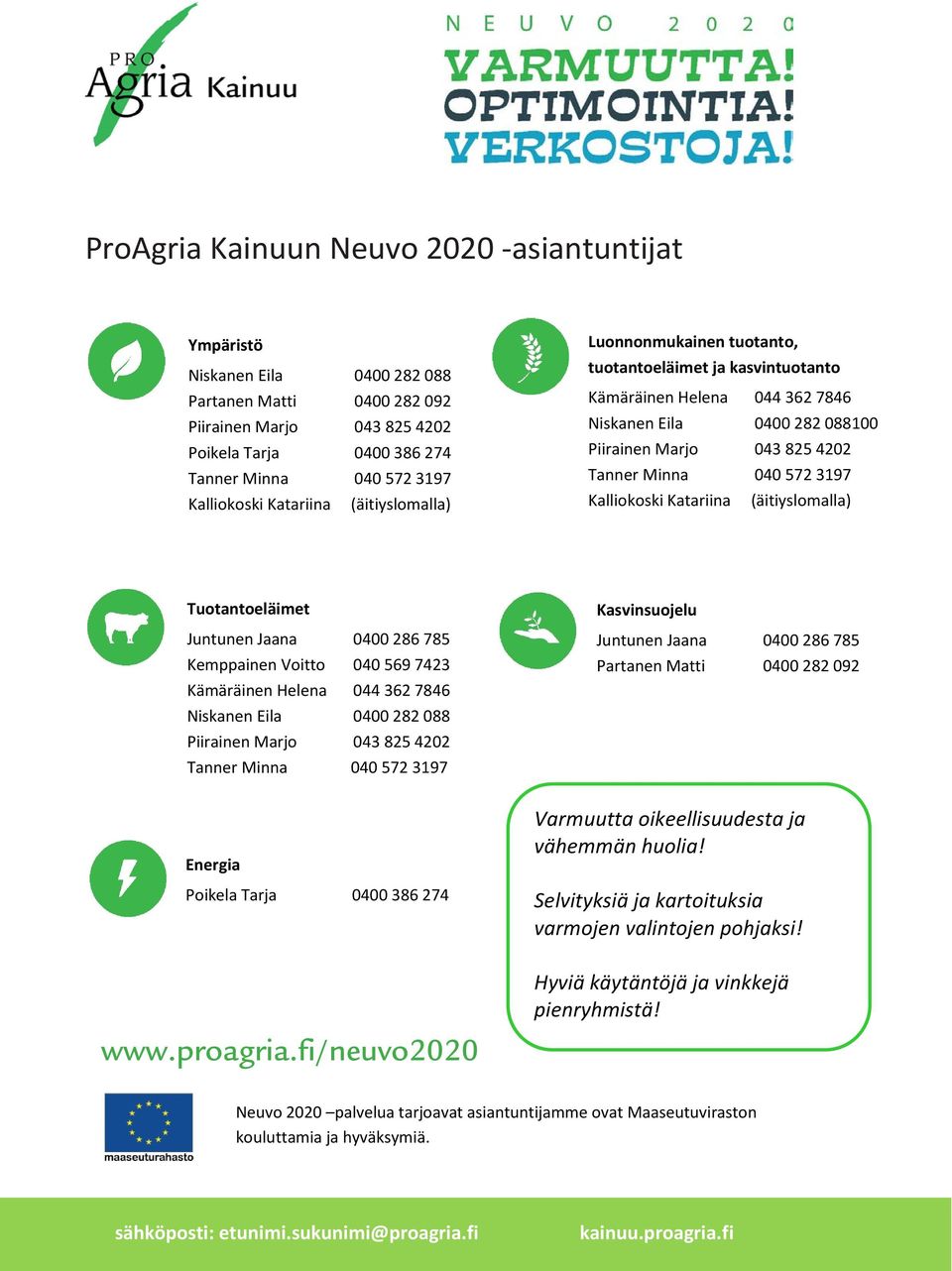 Minna 040 572 3197 Kalliokoski Katariina (äitiyslomalla) Tuotantoeläimet Juntunen Jaana 0400 286 785 Kemppainen Voitto 040 569 7423 Kämäräinen Helena 044 362 7846 Niskanen Eila 0400 282 088 Piirainen