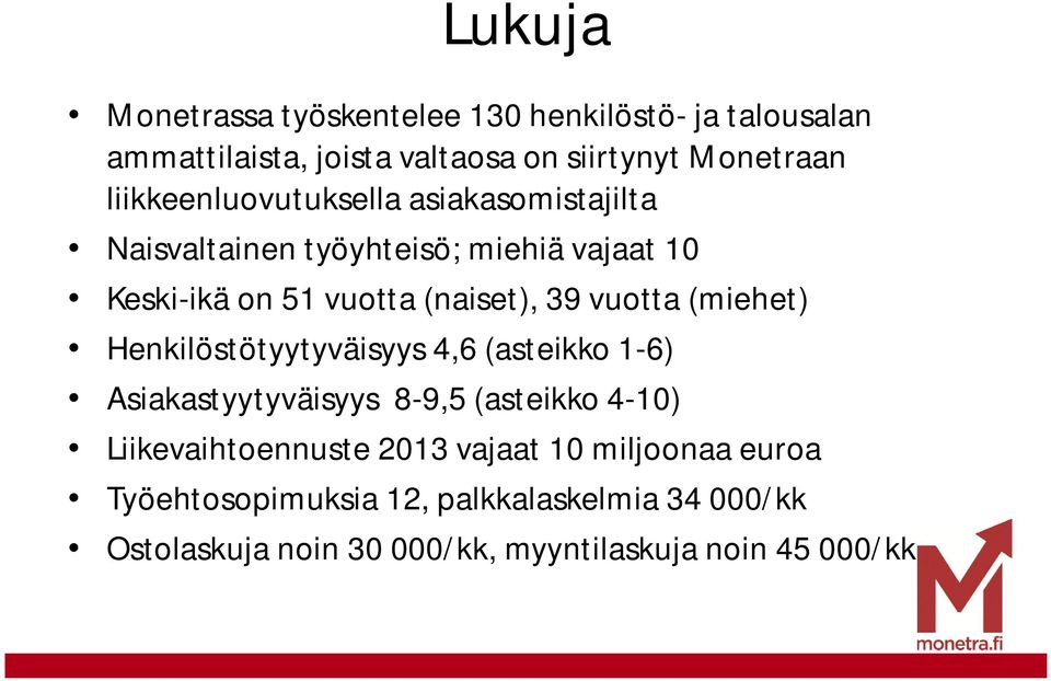 vuotta (miehet) Henkilöstötyytyväisyys 4,6 (asteikko 1-6) Asiakastyytyväisyys 8-9,5 (asteikko 4-10) Liikevaihtoennuste