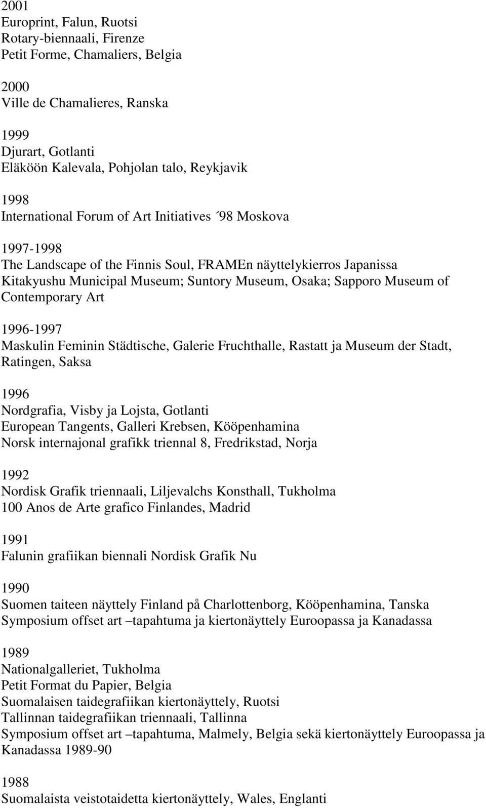 Contemporary Art 1996-1997 Maskulin Feminin Städtische, Galerie Fruchthalle, Rastatt ja Museum der Stadt, Ratingen, Saksa 1996 Nordgrafia, Visby ja Lojsta, Gotlanti European Tangents, Galleri