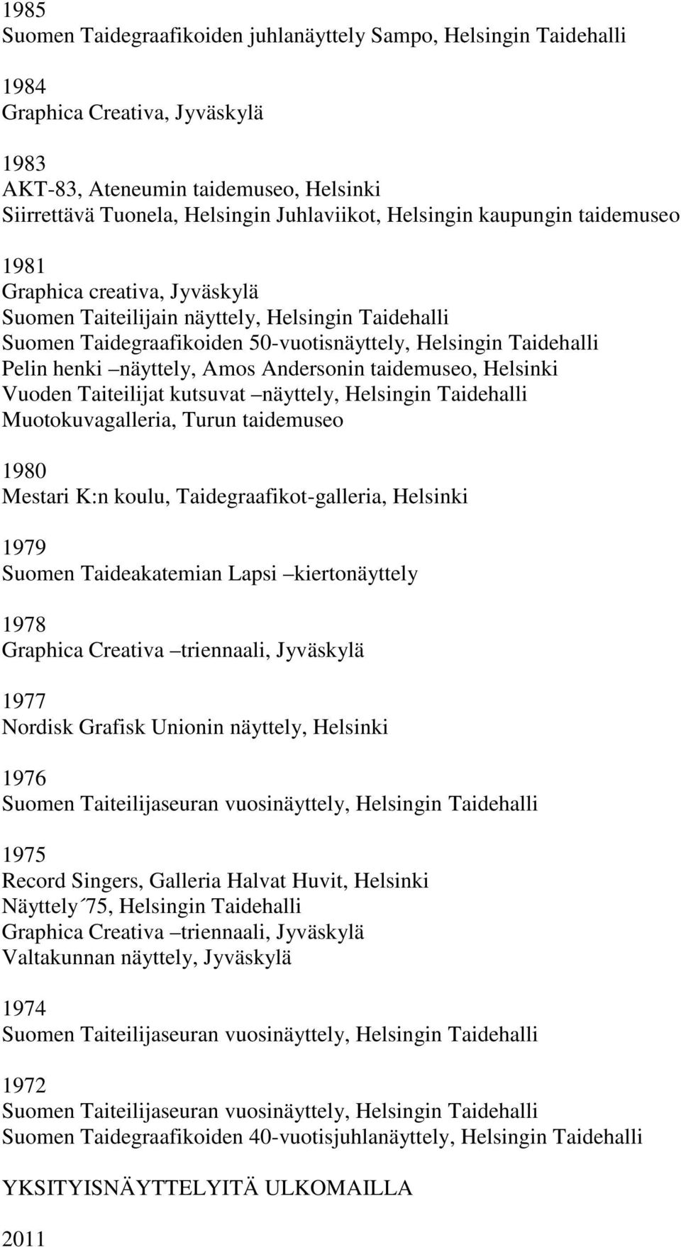 näyttely, Amos Andersonin taidemuseo, Helsinki Vuoden Taiteilijat kutsuvat näyttely, Helsingin Taidehalli Muotokuvagalleria, Turun taidemuseo 1980 Mestari K:n koulu, Taidegraafikot-galleria, Helsinki