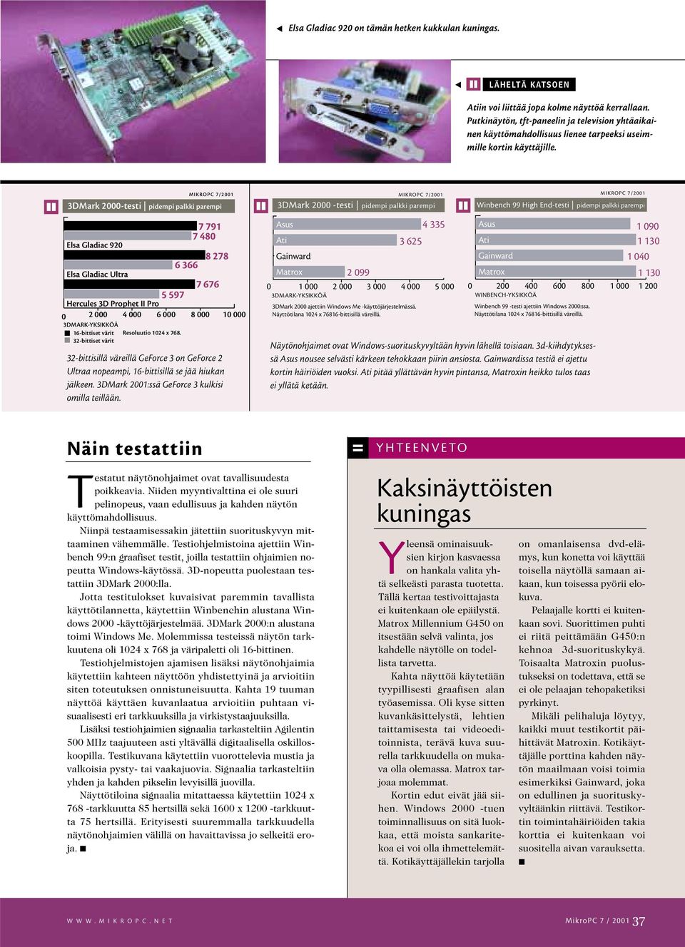MIKROPC 7/2001 3DMark 2000-testi pidempi palkki parempi Elsa Gladiac 920 Elsa Gladiac Ultra 7 791 7 480 8 278 6 366 7 676 5 597 Hercules 3D Prophet II Pro 0 2 000 4 000 6 000 8 000 10 000