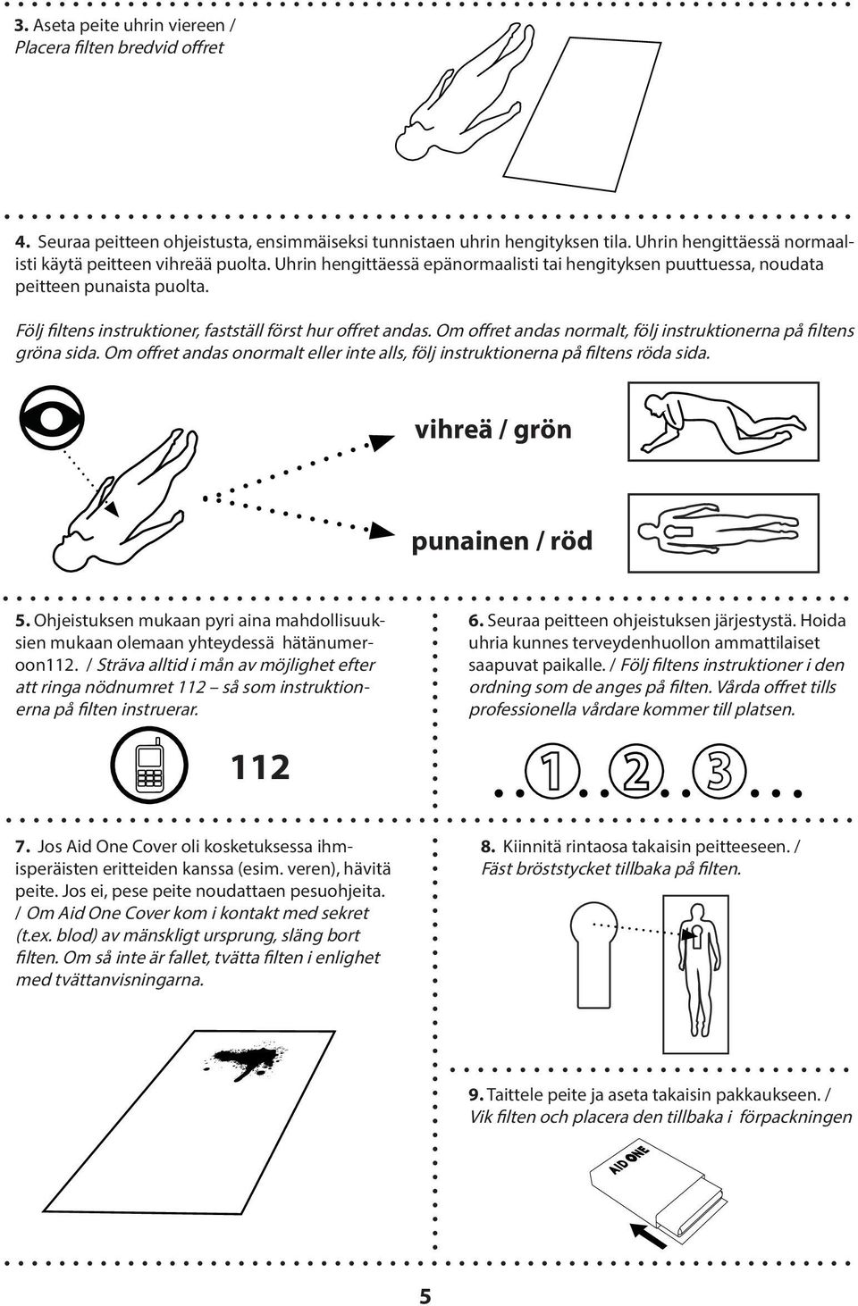 Följ filtens instruktioner, fastställ först hur offret andas. Om offret andas normalt, följ instruktionerna på filtens gröna sida.