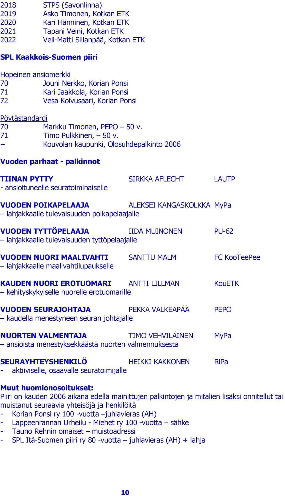 -- Kouvolan kaupunki, Olosuhdepalkinto 2006 Vuoden parhaat - palkinnot TIINAN PYTTY SIRKKA AFLECHT LAUTP - ansioituneelle seuratoiminaiselle VUODEN POIKAPELAAJA ALEKSEI KANGASKOLKKA MyPa lahjakkaalle