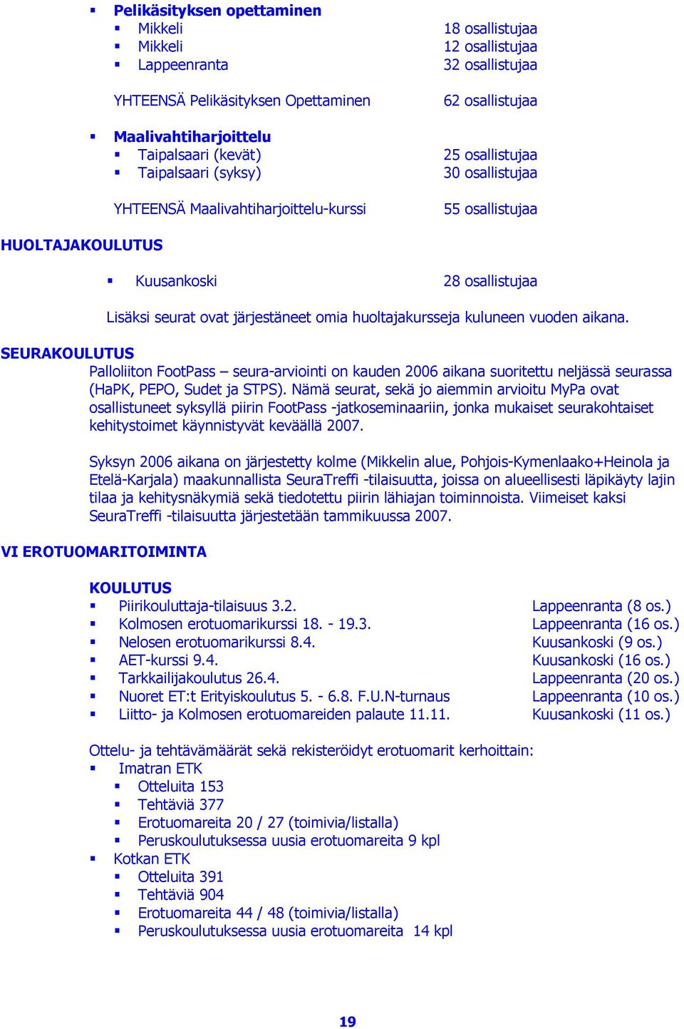 huoltajakursseja kuluneen vuoden aikana. SEURAKOULUTUS Palloliiton FootPass seura-arviointi on kauden 2006 aikana suoritettu neljässä seurassa (HaPK, PEPO, Sudet ja STPS).