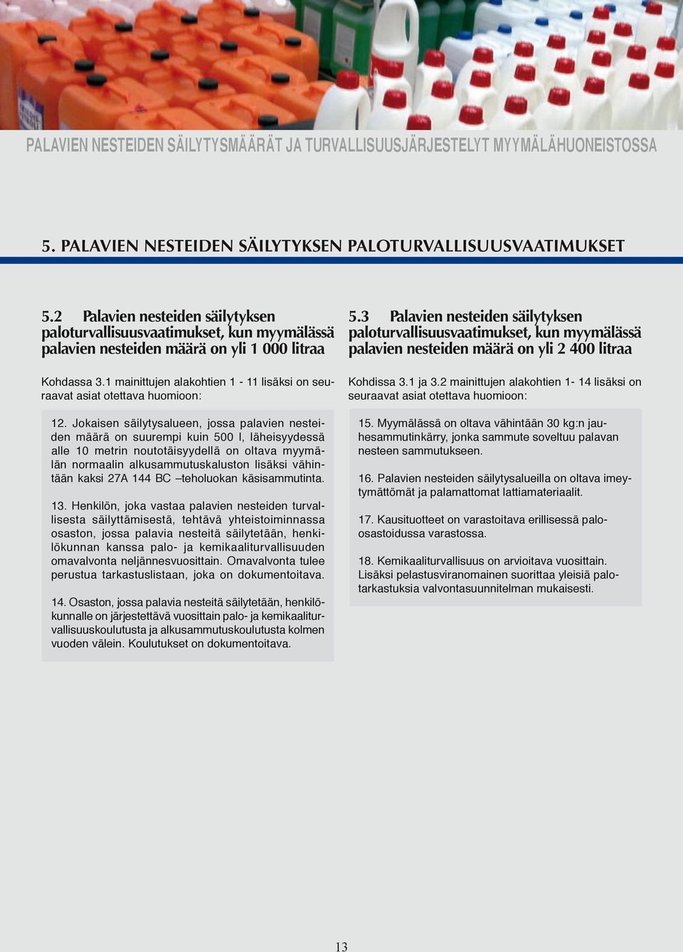 Jokaisen säilytysalueen, jossa palavien nesteiden määrä on suurempi kuin 500 l, läheisyydessä alle 10 metrin noutotäisyydellä on oltava myymälän normaalin alkusammutuskaluston lisäksi vähintään kaksi