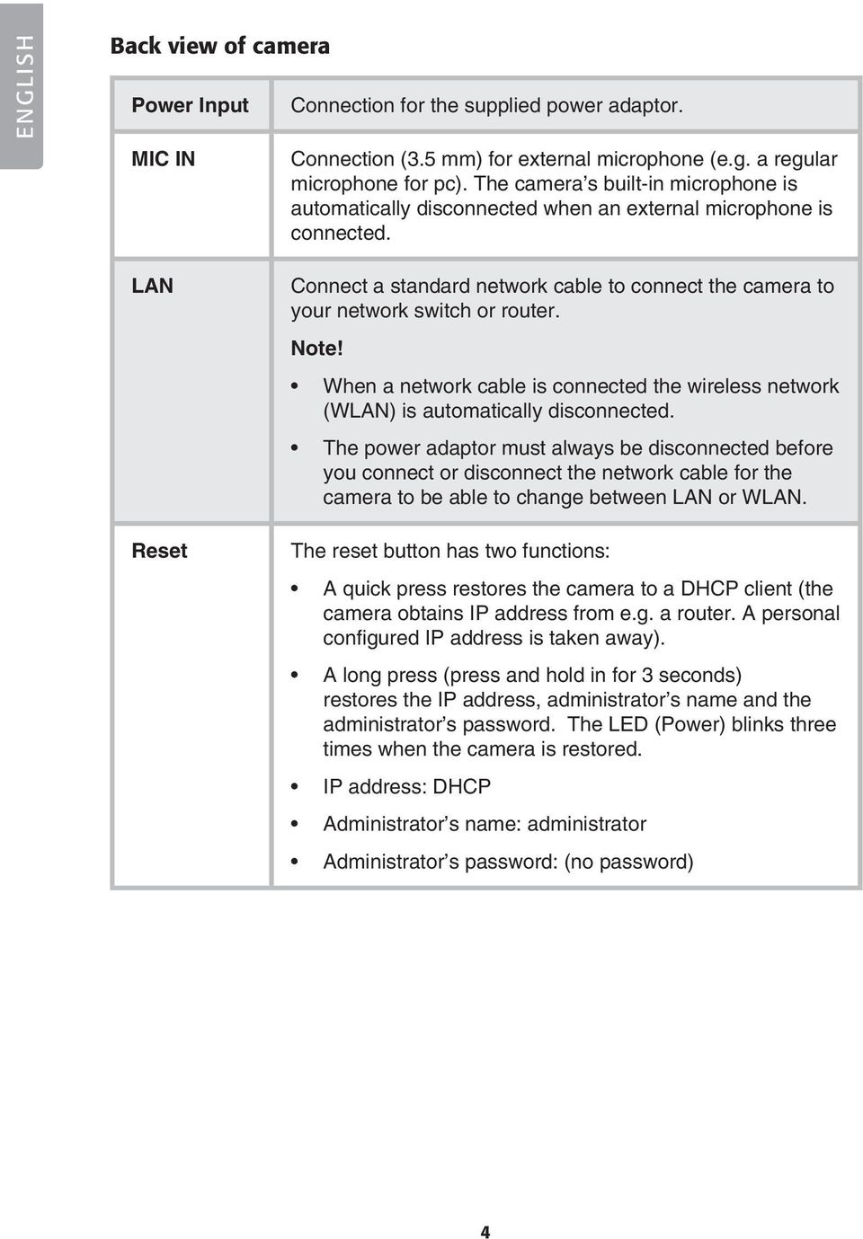 LAN Reset Connect a standard network cable to connect the camera to your network switch or router. Note! When a network cable is connected the wireless network (WLAN) is automatically disconnected.