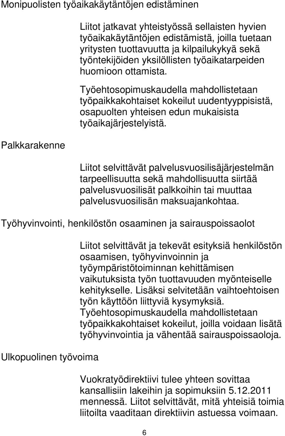 Työehtosopimuskaudella mahdollistetaan työpaikkakohtaiset kokeilut uudentyyppisistä, osapuolten yhteisen edun mukaisista työaikajärjestelyistä.