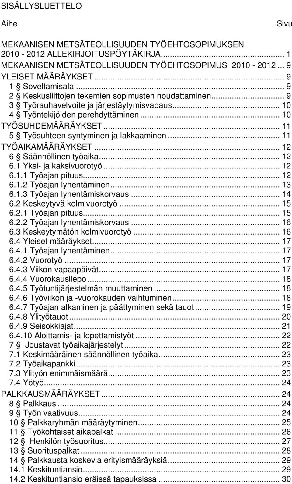 .. 11 5 Työsuhteen syntyminen ja lakkaaminen... 11 TYÖAIKAMÄÄRÄYKSET... 12 6 Säännöllinen työaika... 12 6.1 Yksi- ja kaksivuorotyö... 12 6.1.1 Työajan pituus... 12 6.1.2 Työajan lyhentäminen... 13 6.