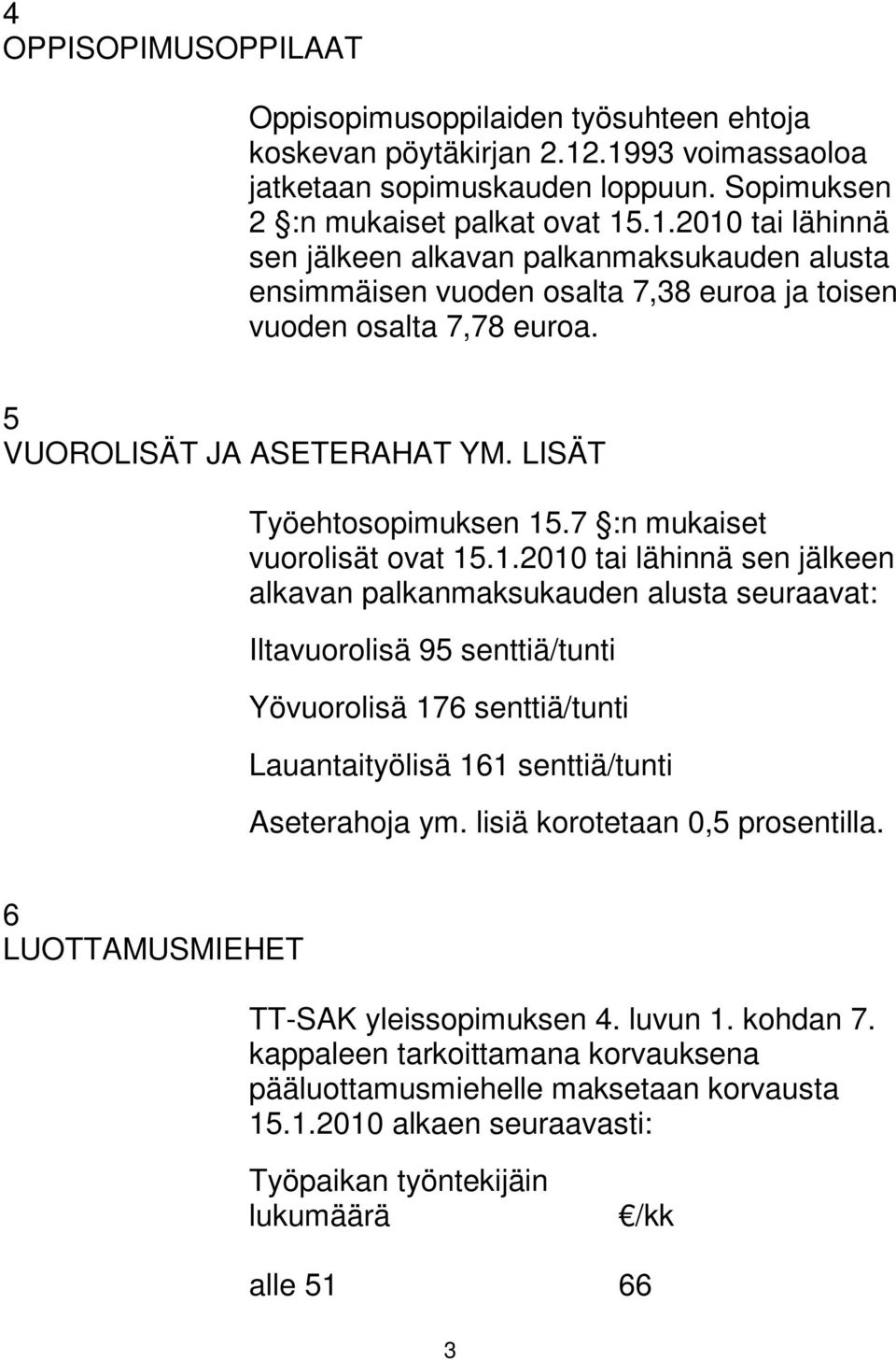 5 VUOROLISÄT JA ASETERAHAT YM. LISÄT Työehtosopimuksen 15