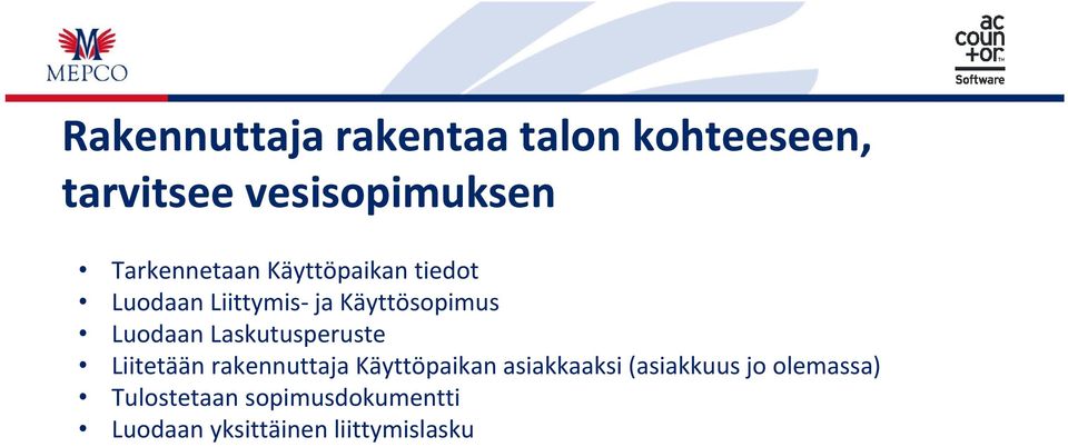 Luodaan Laskutusperuste Liitetään rakennuttaja Käyttöpaikan asiakkaaksi