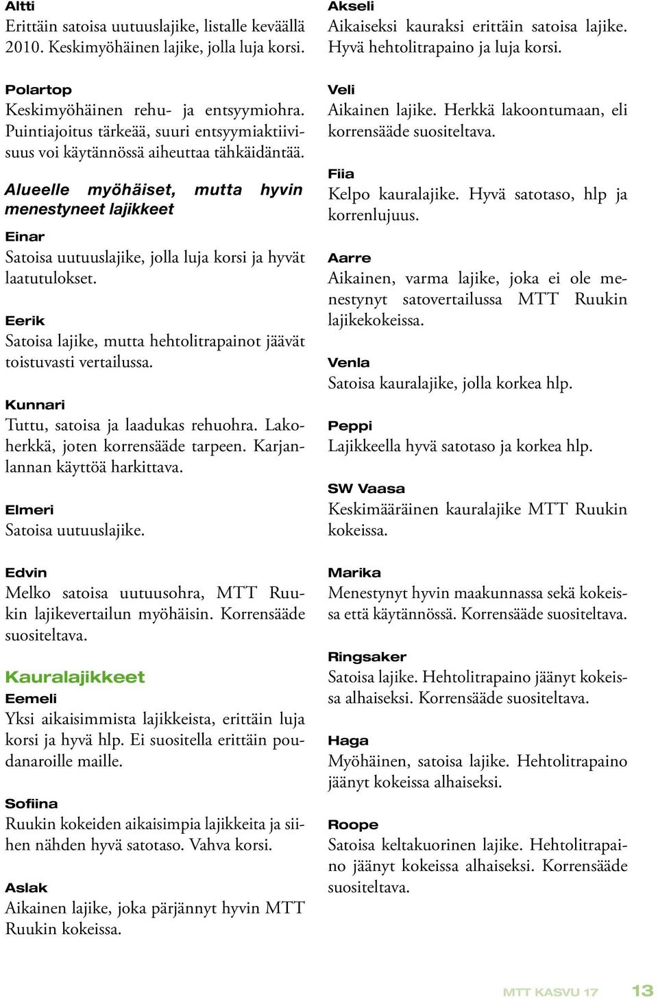 Alueelle myöhäiset, mutta hyvin menestyneet lajikkeet Einar Satoisa uutuuslajike, jolla luja korsi ja hyvät laatutulokset. Eerik Satoisa lajike, mutta hehtolitrapainot jäävät toistuvasti vertailussa.