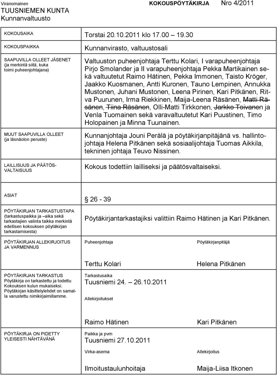 Valtuuston puheenjohtaja Terttu Kolari, I varapuheenjohtaja Pirjo Smolander ja II varapuheenjohtaja Pekka Martikainen sekä valtuutetut Raimo Hätinen, Pekka Immonen, Taisto Kröger, Jaakko Kuosmanen,