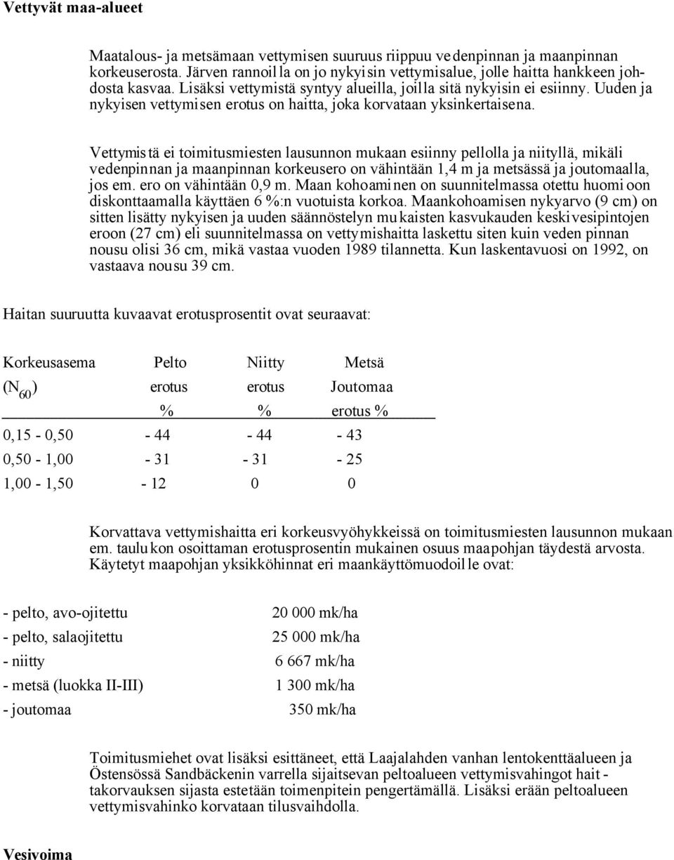 Vettymis tä ei toimitusmiesten lausunnon mukaan esiinny pellolla ja niityllä, mikäli vedenpinnan ja maanpinnan korkeusero on vähintään 1,4 m ja metsässä ja joutomaalla, jos em. ero on vähintään 0,9 m.