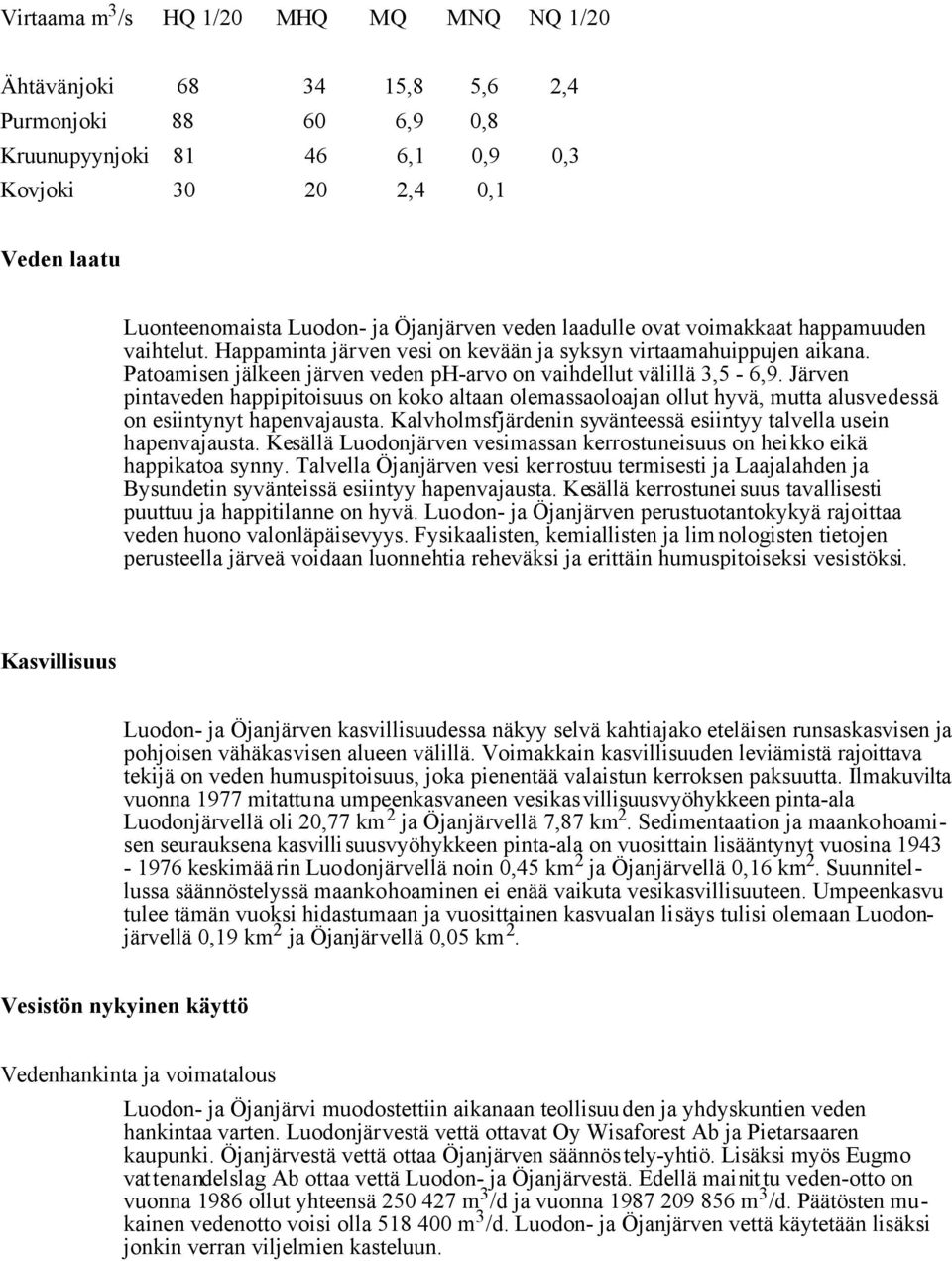 Patoamisen jälkeen järven veden ph-arvo on vaihdellut välillä 3,5-6,9. Järven pintaveden happipitoisuus on koko altaan olemassaoloajan ollut hyvä, mutta alusvedessä on esiintynyt hapenvajausta.