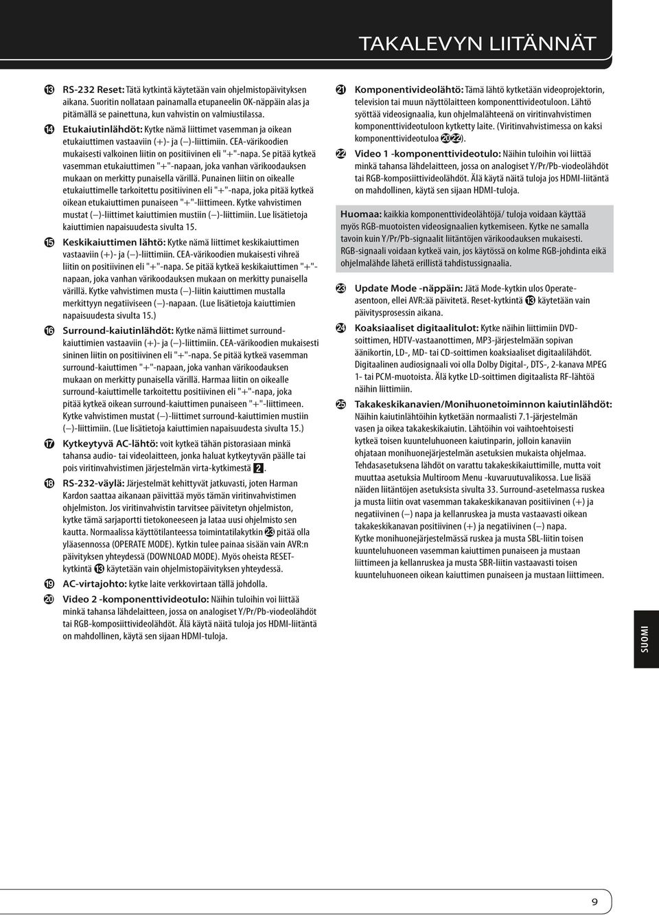 D Etukaiutinlähdöt: Kytke nämä liittimet vasemman ja oikean etukaiuttimen vastaaviin (+)- ja ( )-liittimiin. CEA-värikoodien mukaisesti valkoinen liitin on positiivinen eli "+"-napa.