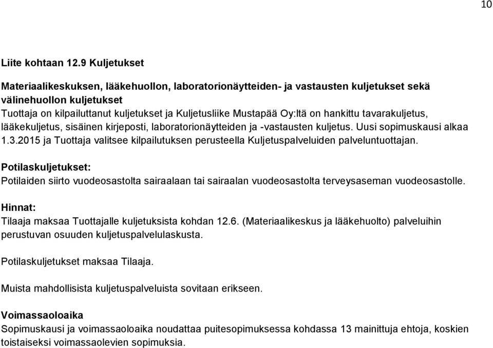 Oy:ltä on hankittu tavarakuljetus, lääkekuljetus, sisäinen kirjeposti, laboratorionäytteiden ja -vastausten kuljetus. Uusi sopimuskausi alkaa 1.3.