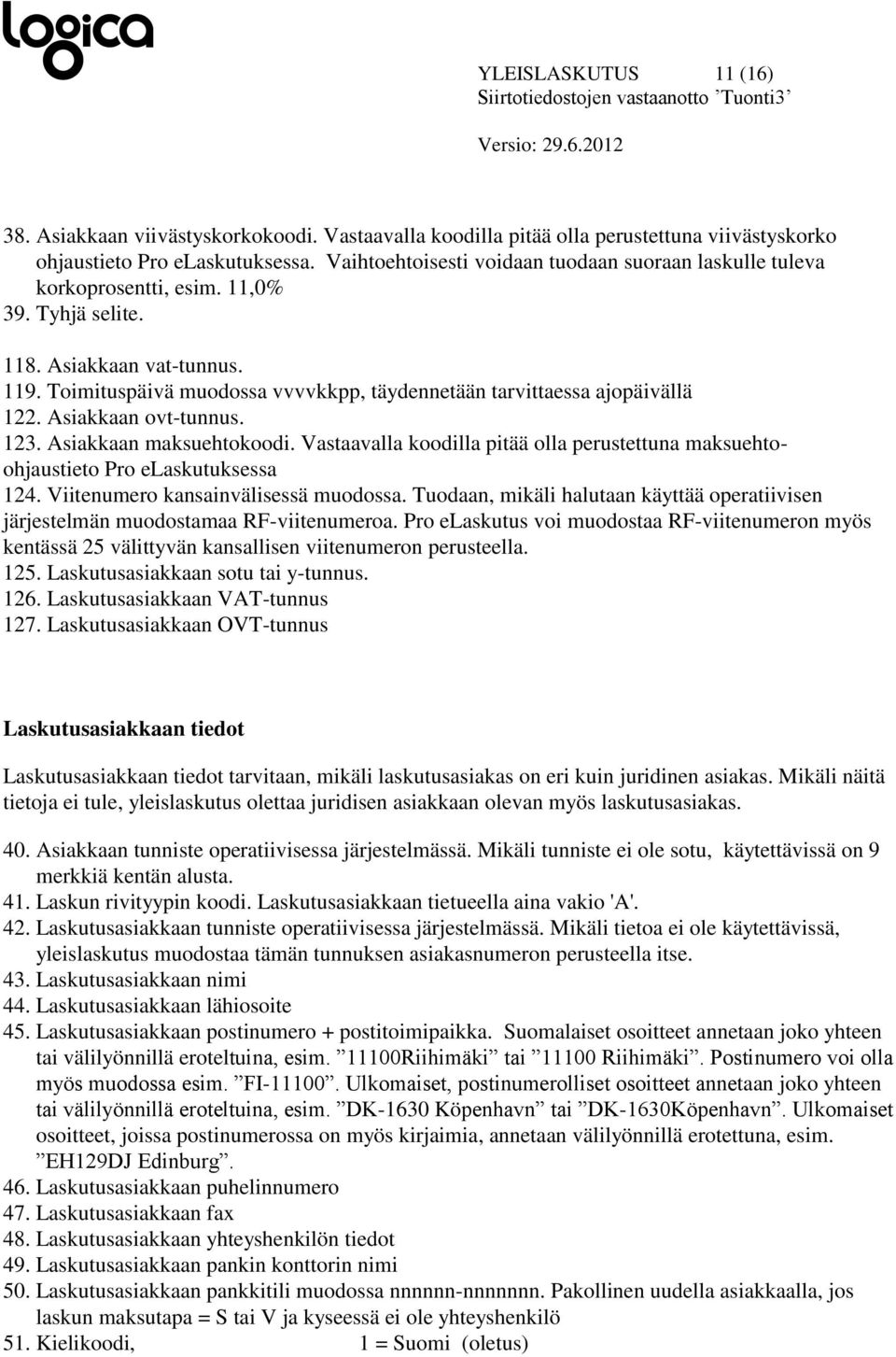 Toimituspäivä muodossa vvvvkkpp, täydennetään tarvittaessa ajopäivällä 122. Asiakkaan ovt-tunnus. 123. Asiakkaan maksuehtokoodi.