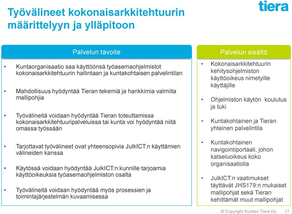 Tarjottavat työvälineet ovat yhteensopivia JulkICT:n käyttämien välineiden kanssa Käytössä voidaan hyödyntää JulkICT:n kunnille tarjoamia käyttöoikeuksia työasemaohjelmiston osalta Työvälineitä