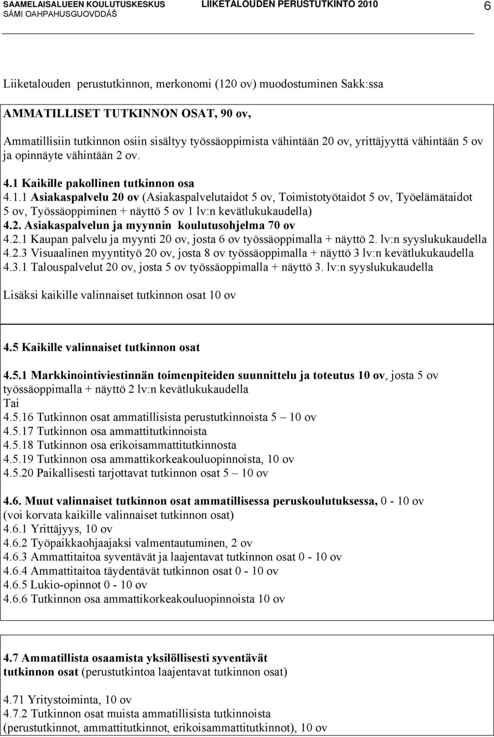 Kaikille pakollinen tutkinnon osa 4.1.1 Asiakaspalvelu 20 ov (Asiakaspalvelutaidot 5 ov, Toimistotyötaidot 5 ov, Työelämätaidot 5 ov, Työssäoppiminen + näyttö 5 ov 1 lv:n kevätlukukaudella) 4.2. Asiakaspalvelun ja myynnin koulutusohjelma 70 ov 4.