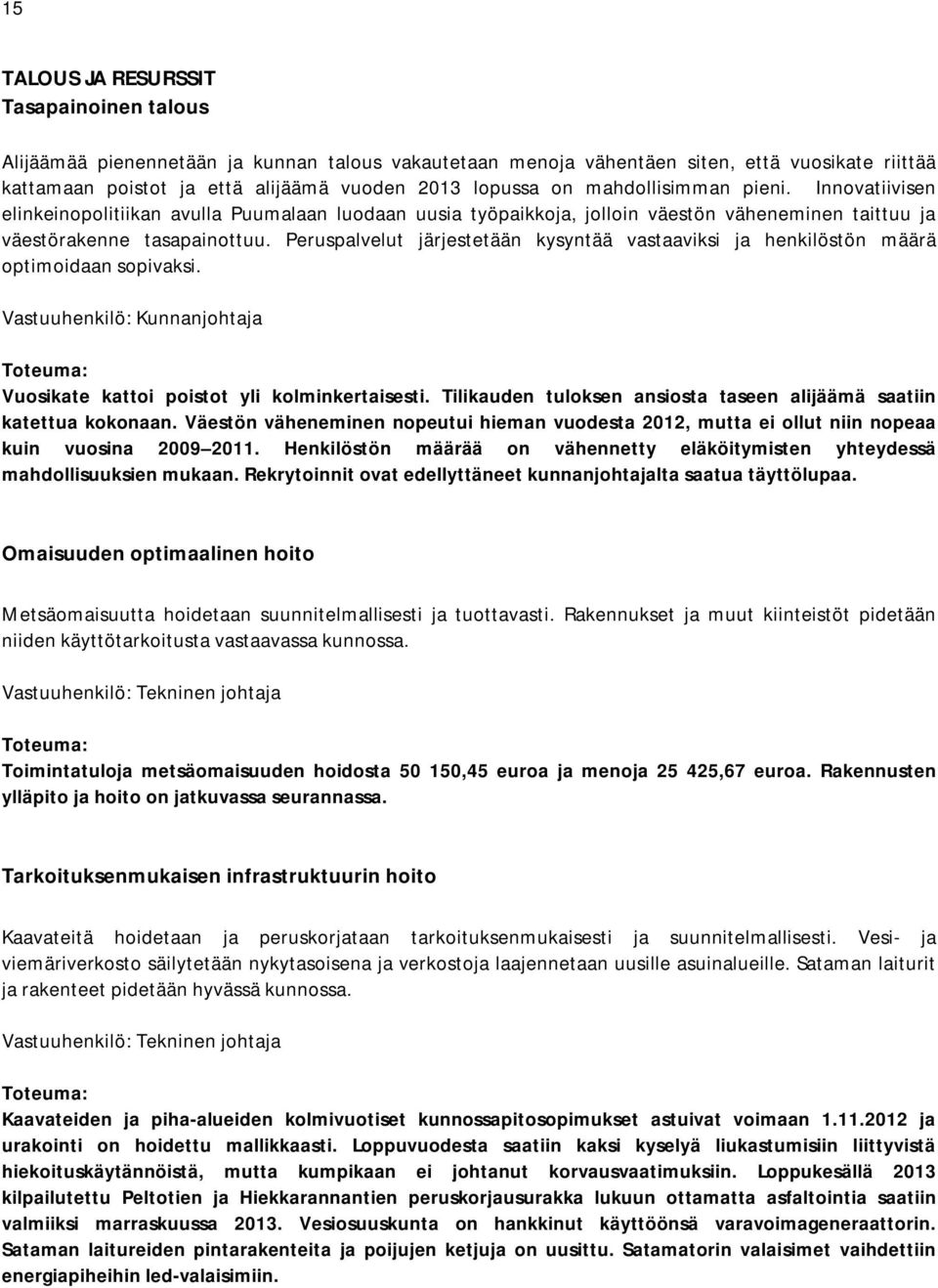 Peruspalvelut järjestetään kysyntää vastaaviksi ja henkilöstön määrä optimoidaan sopivaksi. Vastuuhenkilö: Kunnanjohtaja Toteuma: Vuosikate kattoi poistot yli kolminkertaisesti.